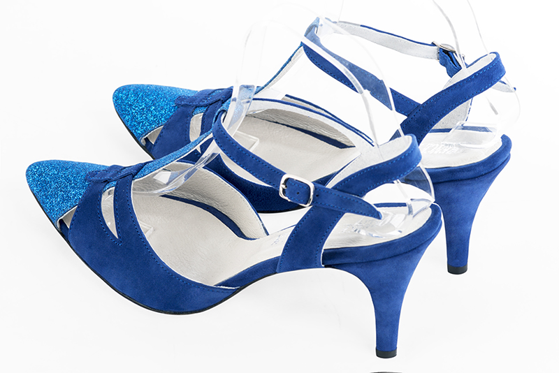 Electric blue women's open back T-strap shoes. Tapered toe. High slim heel. Rear view - Florence KOOIJMAN